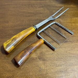 Vintage MCM Bakelite Cheese Slicer Meat Fork Butterscotch Swirl Handle Ridgemont